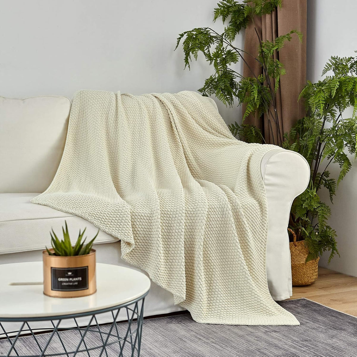 Cream Cotton Knitted Throw Blanket