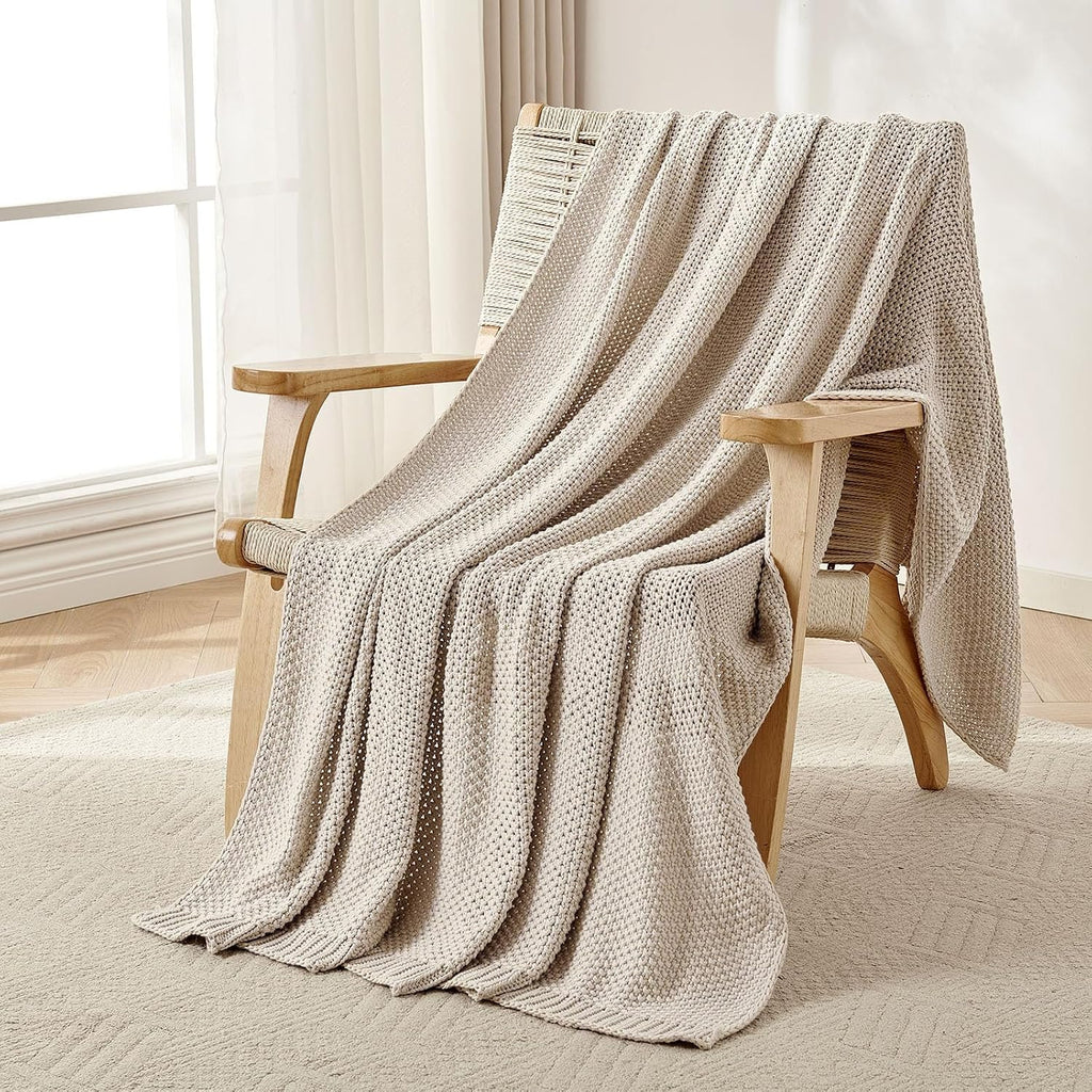 Beige Chunky Cable‑Knit Organic Cotton Throw Blanket