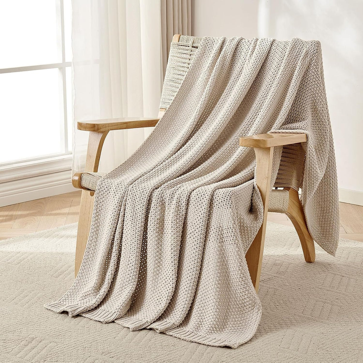 Beige Chunky Cable‑Knit Organic Cotton Throw Blanket