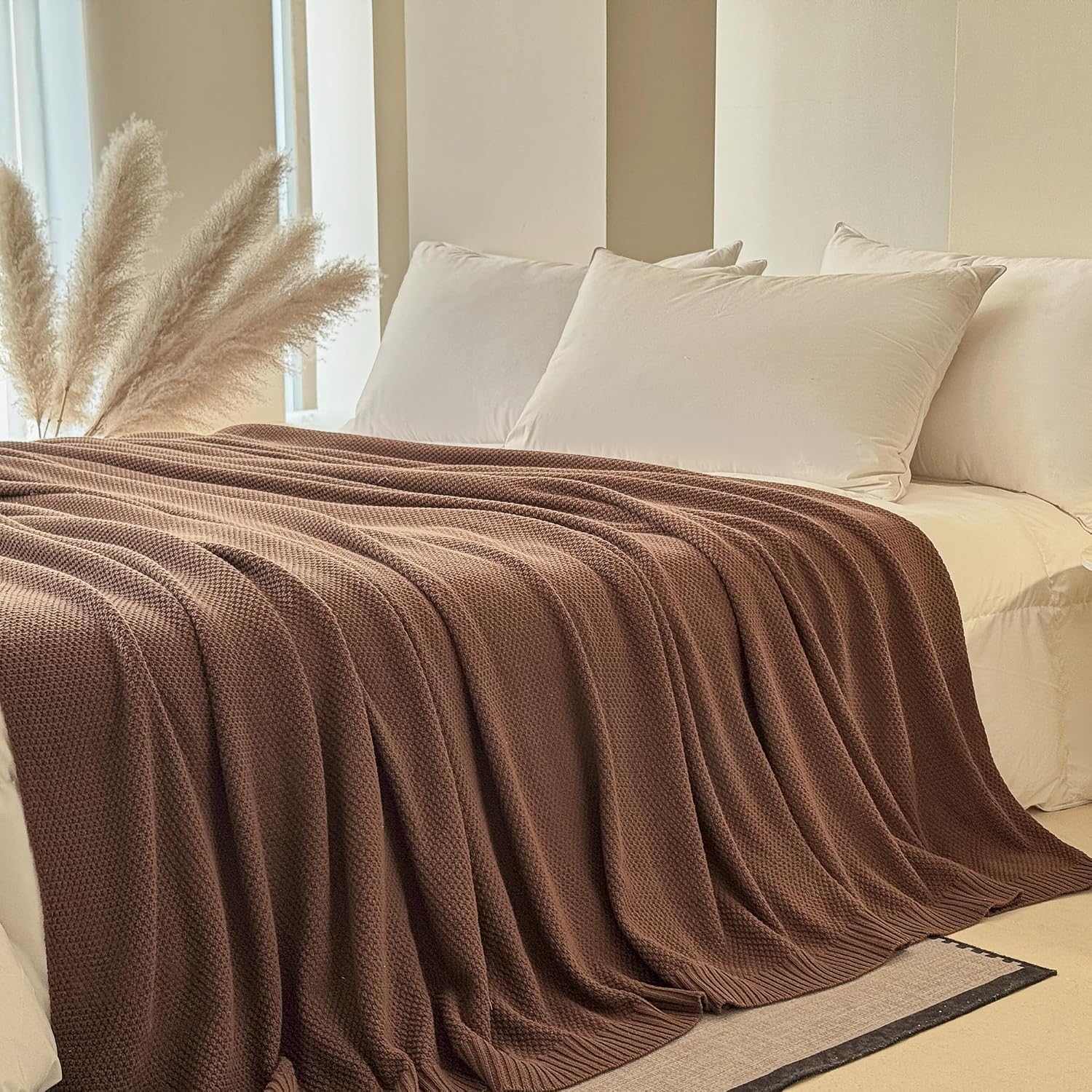 Coffee Cable‑Knit 100% Cotton Throw Blanket