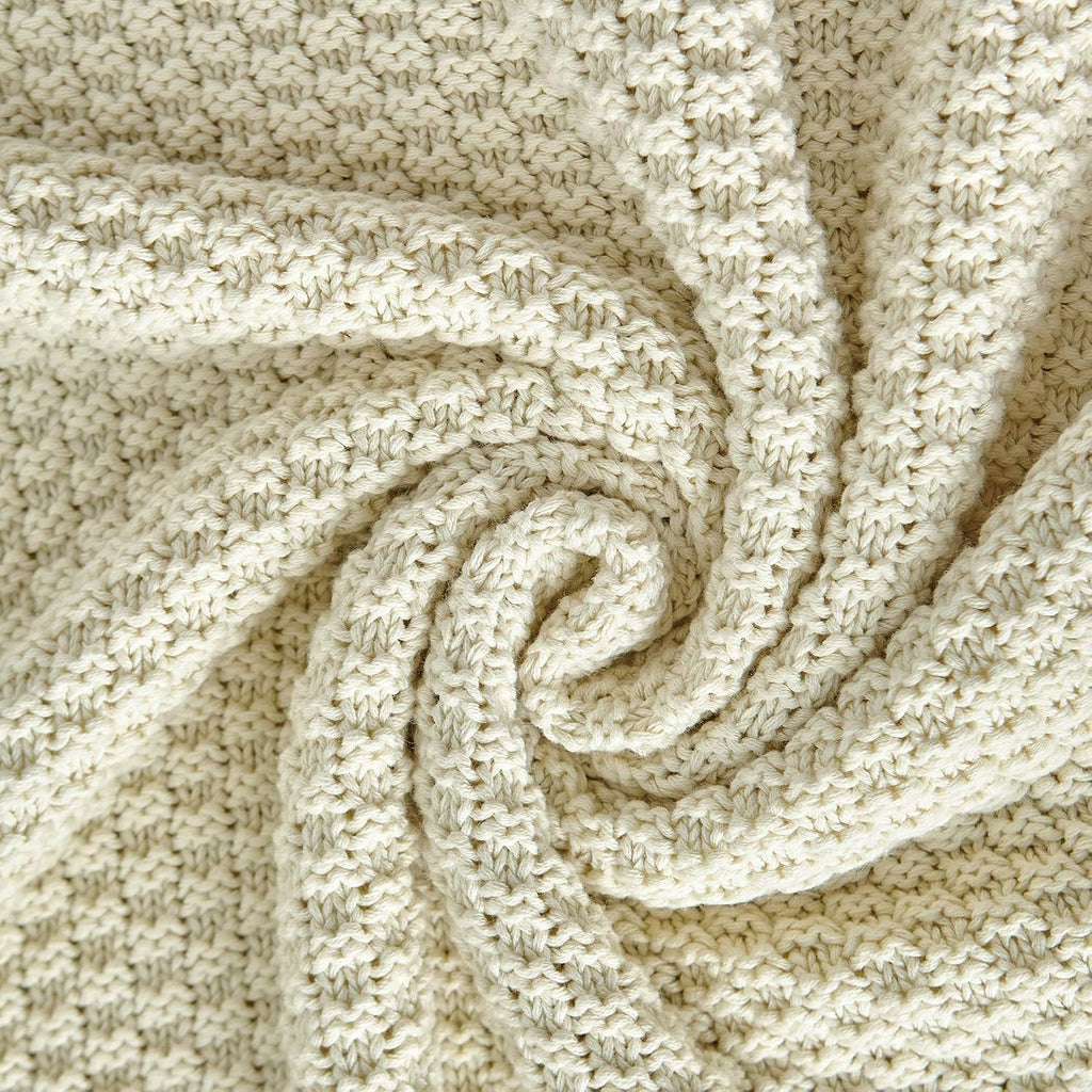 Cream Cotton Knitted Throw Blanket