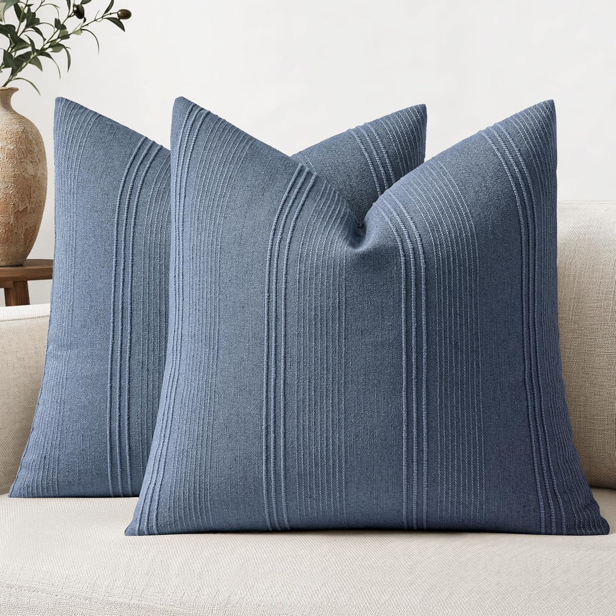 Blue Striped Linen Euro Pillow Covers Set of 2