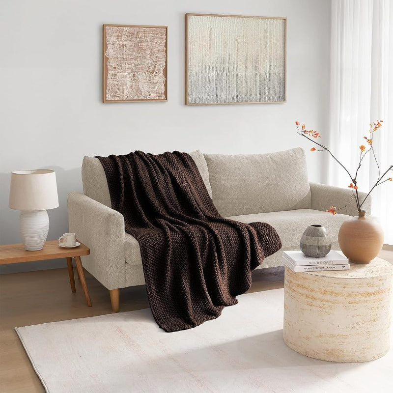 Chocolate Brown Chunky Cotton Cable‑Knit Throw Blanket