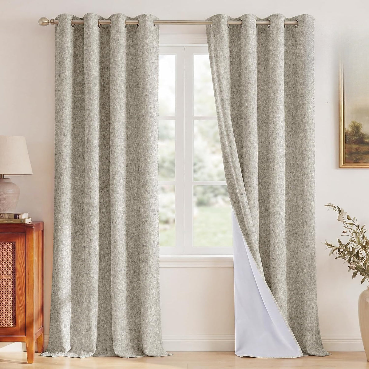 Beige Linen Blackout Grommet Curtains 2 Panels